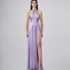 Vestido cuello halter anudado escote pronunciado drapeado en cintura